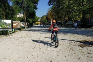 Mountain biker riding along a tree-lined path in Tivoli Park on a biking tour in Ljubljana, Slovenia