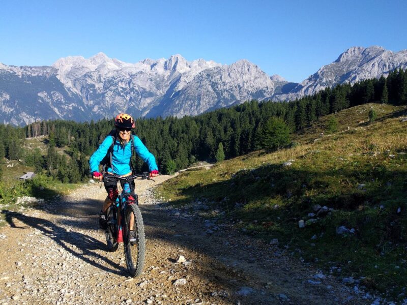 Biker on a MTB tour in Slovenia with the Kamnik–Savinja Alps views