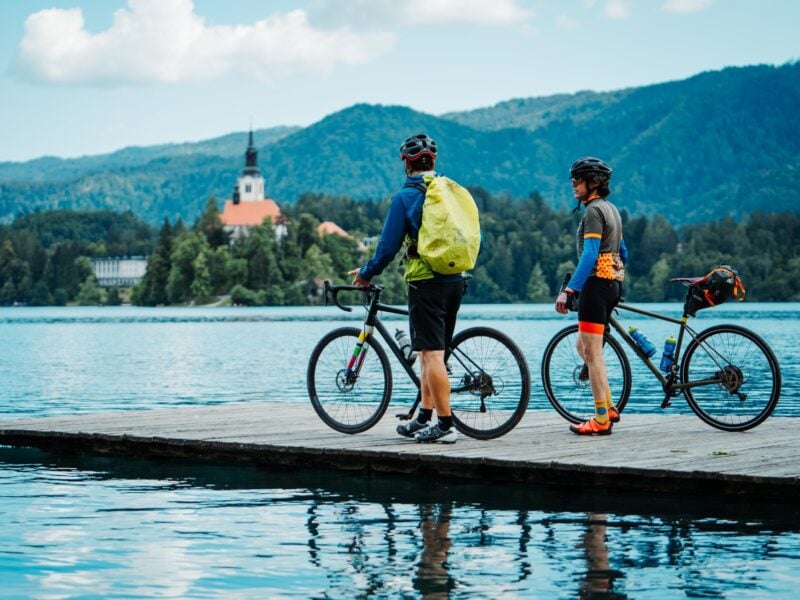 Cyclist by lake Bled Slovenia