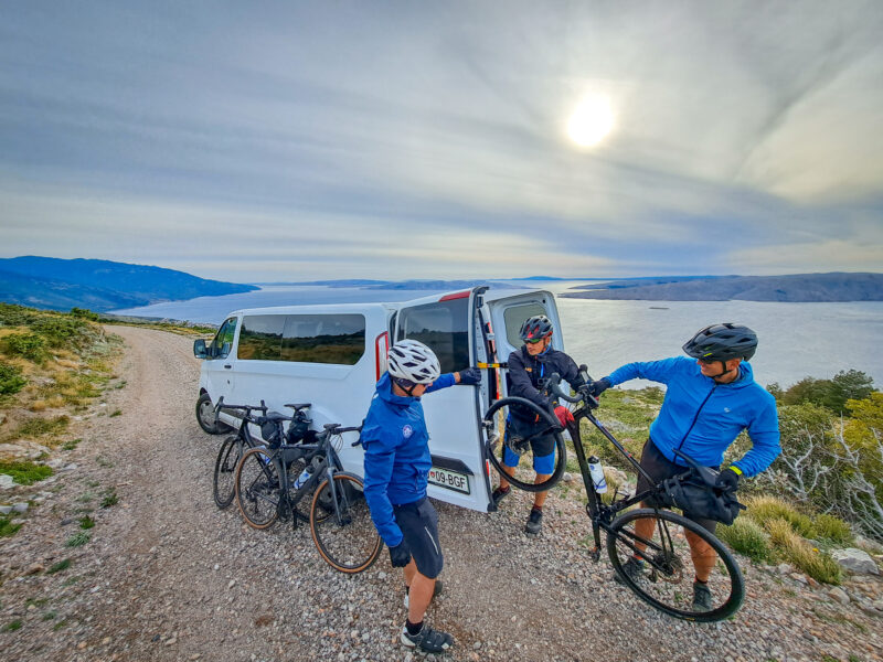 Supporting cyclists with a van on a gravel bike tour in Croatia.