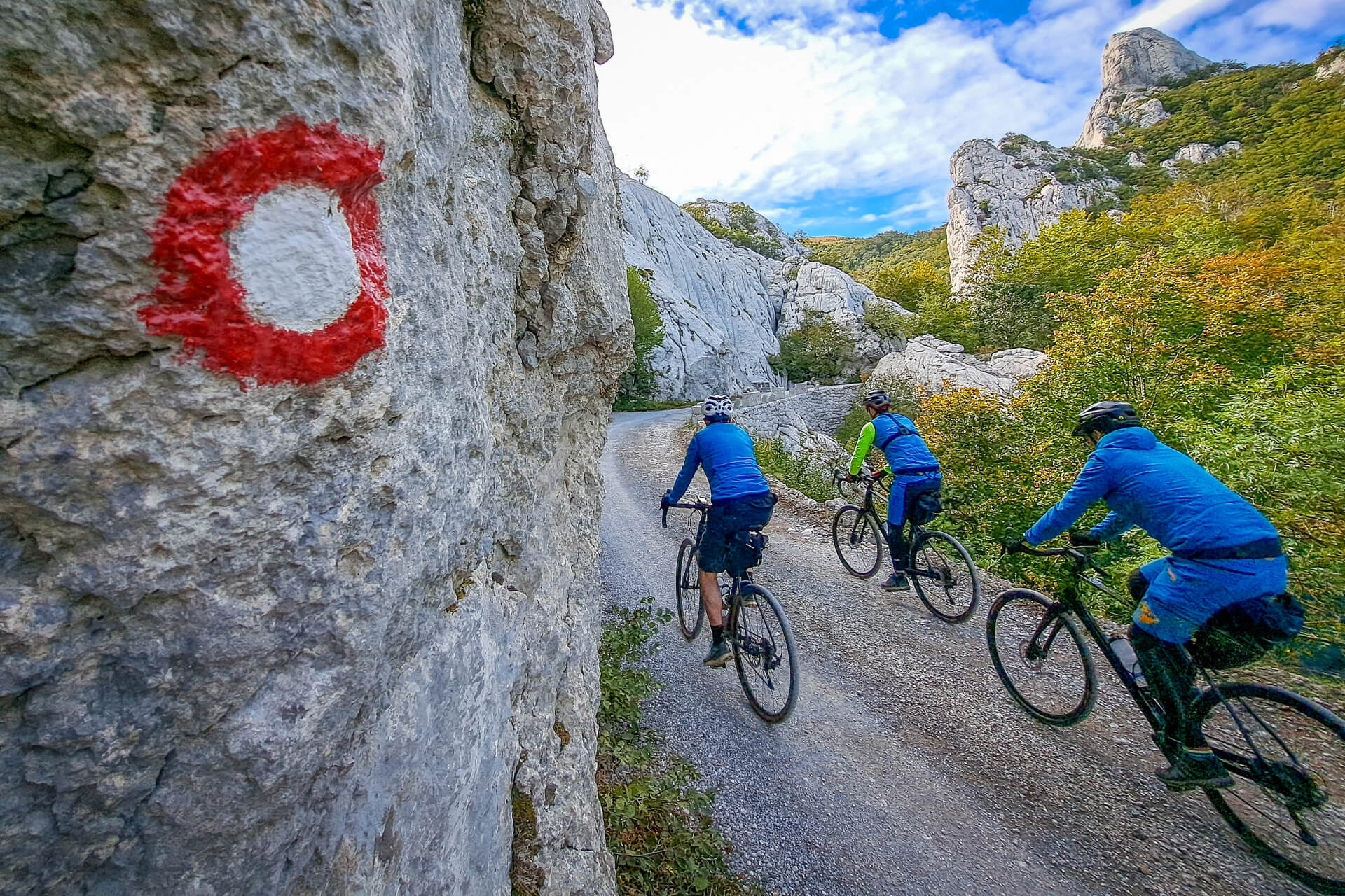 The Trans Dinarica gravel cycling tour also partly leads along hiking but well-traveled macadam trails in Croatia.