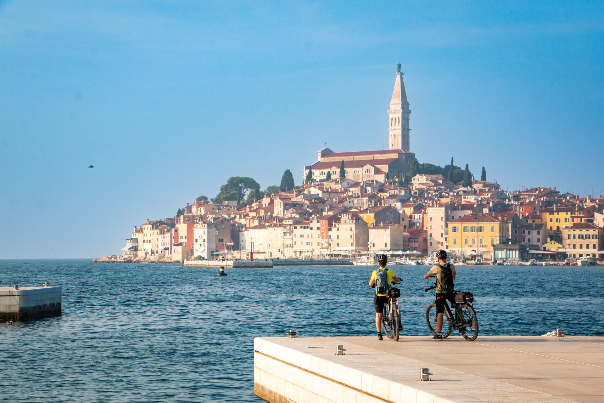 Two cyclists on e-bikes enjoying panorama of Rovinj, Croatia.