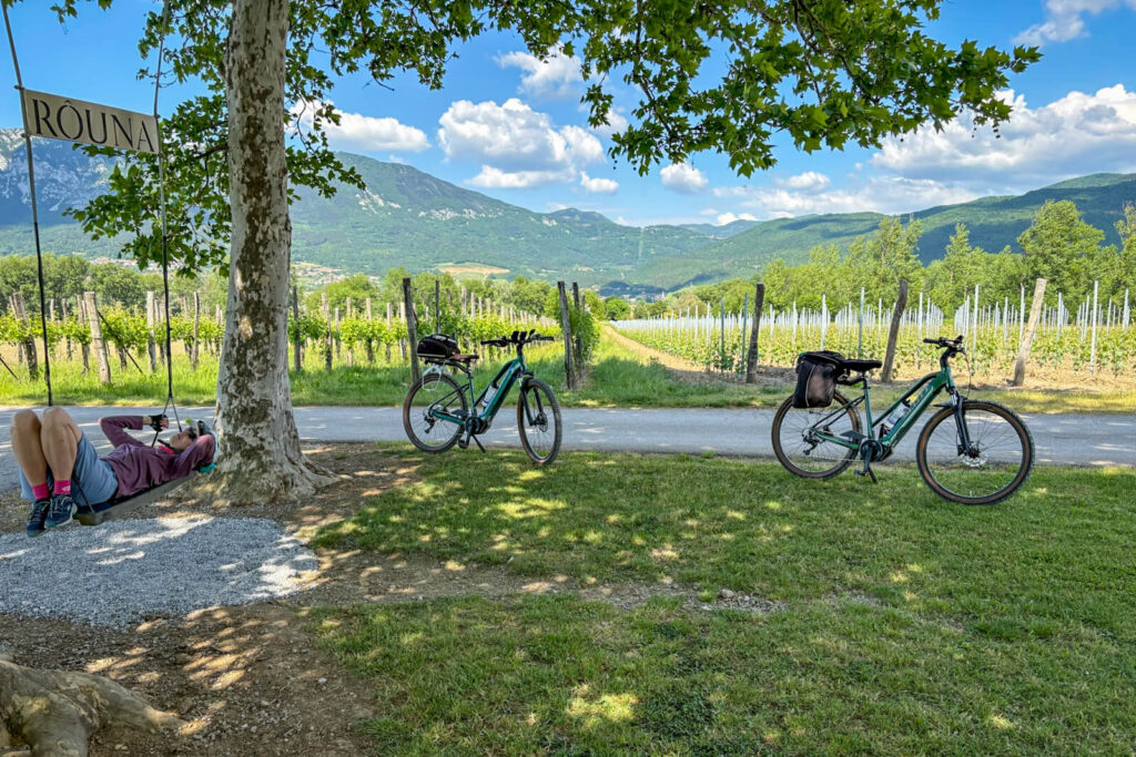 Two ladies on e-bikes cycling in Vipava Valley, Slovenia.