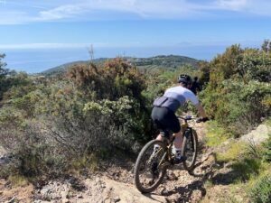 Biker riding a Mediterranean trail in Capoliveri Bike Park during an Elba MTB tour