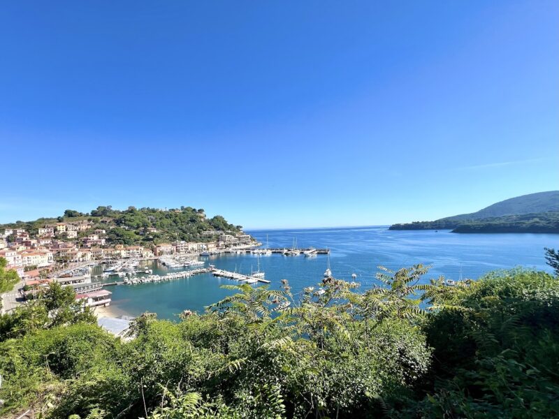 Panoramic view of a coastal village and harbour on Elba Island, Italy