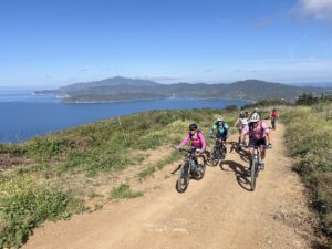 Mountain bikers riding Monte Calamita trails with coastal views during a mountain bike tour on Elba, Italy