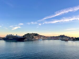 Coastal town and harbour on Elba Island in the Tuscan Archipelago at sunset
