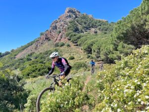 Mountain biker riding a narrow trail through the hills near Porto Azzurro on Elba, Italy